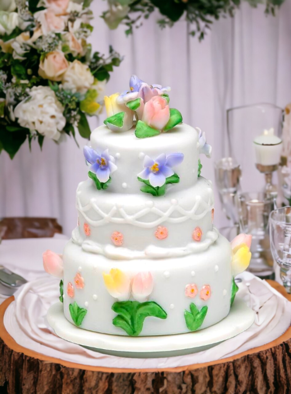 Ceramic Wedding Cake with Tulip Flowers Jewelry Box, Wedding Décor or Gift, Anniversary Décor or Gift, Home Décor, Vanity Decor